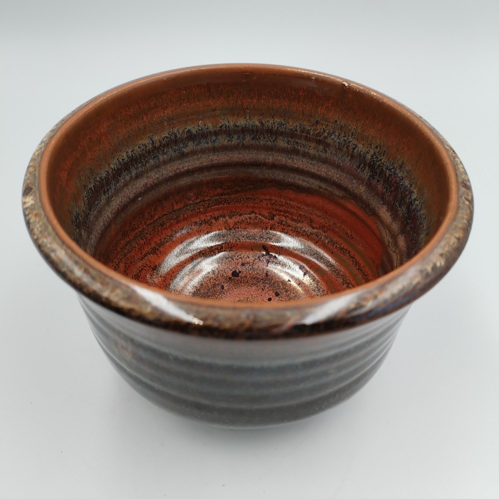 Studio Art Pottery Bowl Signed EB 2014 Brown Drip Glaze Ribbed Stoneware 4"